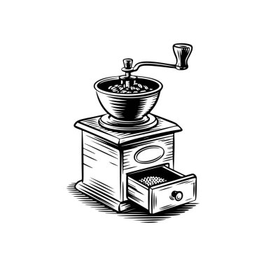 Kahve değirmeni ikonu beyaza izole edilmiş. Klasik kahve öğütücüsü. Logo, etiket, işaret, poster ve el ilanları için tasarım elemanı. Vektör illüstrasyonu