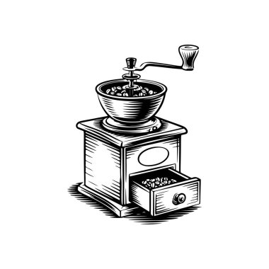 Kahve değirmeni ikonu beyaza izole edilmiş. Klasik kahve öğütücüsü. Logo, etiket, işaret, poster ve el ilanları için tasarım elemanı. Vektör illüstrasyonu