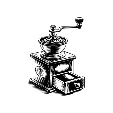 Kahve değirmeni ikonu beyaza izole edilmiş. Klasik kahve öğütücüsü. Logo, etiket, işaret, poster ve el ilanları için tasarım elemanı. Vektör illüstrasyonu