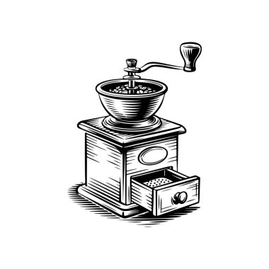 Kahve değirmeni ikonu beyaza izole edilmiş. Klasik kahve öğütücüsü. Logo, etiket, işaret, poster ve el ilanları için tasarım elemanı. Vektör illüstrasyonu