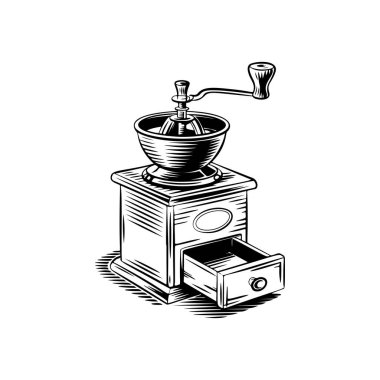 Kahve değirmeni ikonu beyaza izole edilmiş. Klasik kahve öğütücüsü. Logo, etiket, işaret, poster ve el ilanları için tasarım elemanı. Vektör illüstrasyonu