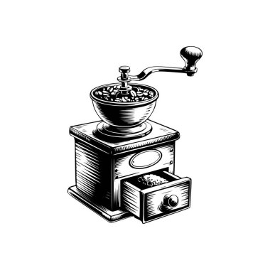 Kahve değirmeni ikonu beyaza izole edilmiş. Klasik kahve öğütücüsü. Logo, etiket, işaret, poster ve el ilanları için tasarım elemanı. Vektör illüstrasyonu