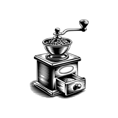 Kahve değirmeni ikonu beyaza izole edilmiş. Klasik kahve öğütücüsü. Logo, etiket, işaret, poster ve el ilanları için tasarım elemanı. Vektör illüstrasyonu