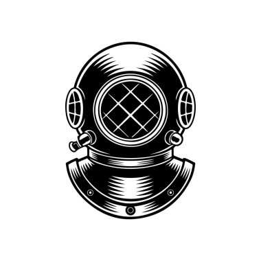 Beyaz arka plan üzerinde izole retro tarzı dalgıç kask. Tasarım öğesi logosu, etiket, işaret, poster, menü için. Vektör çizim
