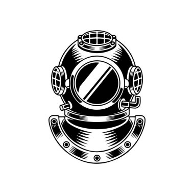 Beyaz arka plan üzerinde izole retro tarzı dalgıç kask. Tasarım öğesi logosu, etiket, işaret, poster, menü için. Vektör çizim