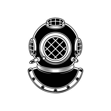 Beyaz arka plan üzerinde izole retro tarzı dalgıç kask. Tasarım öğesi logosu, etiket, işaret, poster, menü için. Vektör çizim