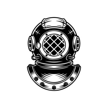 Beyaz arka plan üzerinde izole retro tarzı dalgıç kask. Tasarım öğesi logosu, etiket, işaret, poster, menü için. Vektör çizim