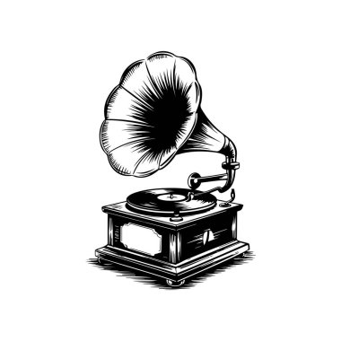 Gramofonun kabartma stilindeki yansıması. Logo, amblem, işaret, poster, kart, pankart için tasarım elemanı. Vektör illüstrasyonu