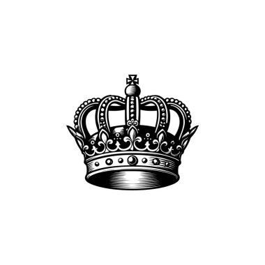 Kral tacının monokrom tarzında tasviri. Logo, amblem, işaret, poster ve tişört için tasarım elemanı. Vektör illüstrasyonu