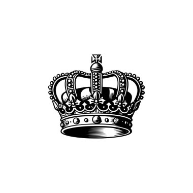 Kral tacının monokrom tarzında tasviri. Logo, amblem, işaret, poster ve tişört için tasarım elemanı. Vektör illüstrasyonu