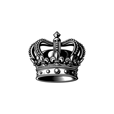 Kral tacının monokrom tarzında tasviri. Logo, amblem, işaret, poster ve tişört için tasarım elemanı. Vektör illüstrasyonu