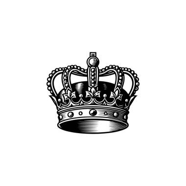 Kral tacının monokrom tarzında tasviri. Logo, amblem, işaret, poster ve tişört için tasarım elemanı. Vektör illüstrasyonu