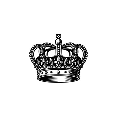 Kral tacının monokrom tarzında tasviri. Logo, amblem, işaret, poster ve tişört için tasarım elemanı. Vektör illüstrasyonu