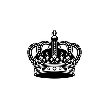 Kral tacının monokrom tarzında tasviri. Logo, amblem, işaret, poster ve tişört için tasarım elemanı. Vektör illüstrasyonu