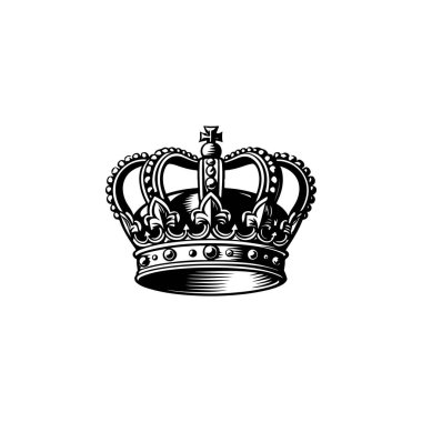 Kral tacının monokrom tarzında tasviri. Logo, amblem, işaret, poster ve tişört için tasarım elemanı. Vektör illüstrasyonu