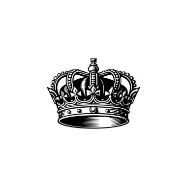 Kral tacının monokrom tarzında tasviri. Logo, amblem, işaret, poster ve tişört için tasarım elemanı. Vektör illüstrasyonu