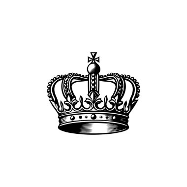 Kral tacının monokrom tarzında tasviri. Logo, amblem, işaret, poster ve tişört için tasarım elemanı. Vektör illüstrasyonu