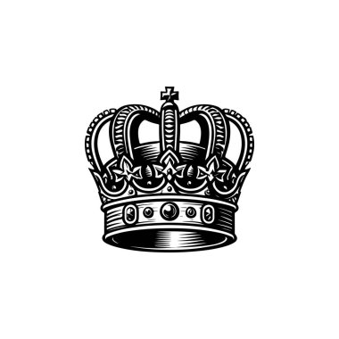 Kral tacının monokrom tarzında tasviri. Logo, amblem, işaret, poster ve tişört için tasarım elemanı. Vektör illüstrasyonu