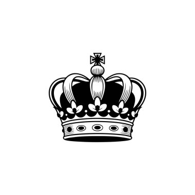 Kral tacının monokrom tarzında tasviri. Logo, amblem, işaret, poster ve tişört için tasarım elemanı. Vektör illüstrasyonu