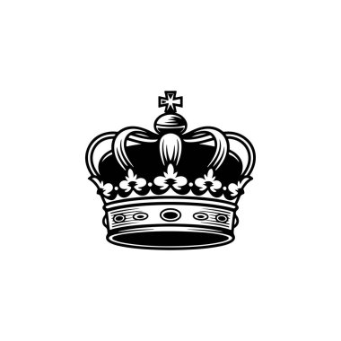 Kral tacının monokrom tarzında tasviri. Logo, amblem, işaret, poster ve tişört için tasarım elemanı. Vektör illüstrasyonu