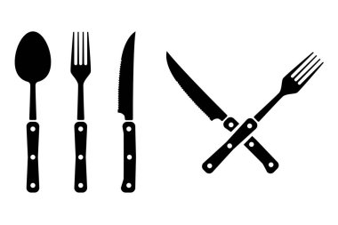 Çatal, kaşık, bıçak. Mutfak aletleri. Şef 'in bıçağı. Logo, amblem ve imza için tasarım elemanı. Vektör illüstrasyonu