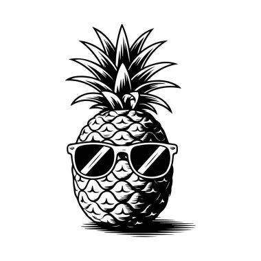 Güneş gözlüklü ananasın gravür tarzında tasviri. Poster, kart, pankart, imza için tasarım elemanı. Vektör illüstrasyonu