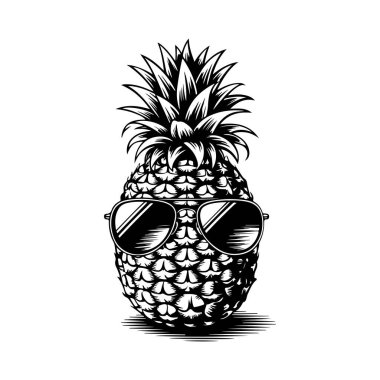 Güneş gözlüklü ananasın gravür tarzında tasviri. Poster, kart, pankart, imza için tasarım elemanı. Vektör illüstrasyonu