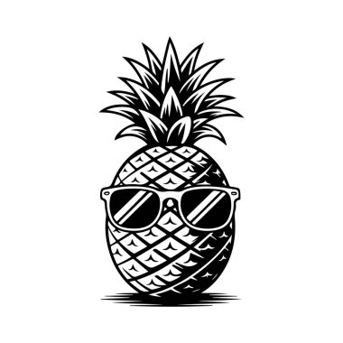 Güneş gözlüklü ananasın gravür tarzında tasviri. Poster, kart, pankart, imza için tasarım elemanı. Vektör illüstrasyonu