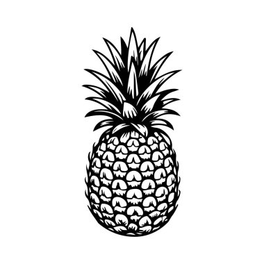 İşleme tarzında ananas çizimi. Poster, etiket, imza, amblem, menü için tasarım ögesi. Vektör illüstrasyonu
