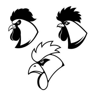 İşleme tarzında bir horoz kafası tasviri. Gömlek, amblem ve rozet için tasarım elemanı. Vektör illüstrasyonu