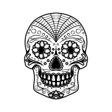 Sugar Skull beyaz arka planda izole edilmiş. Poster, kart, pankart ve tişört için tasarım elemanı. Vektör illüstrasyonu