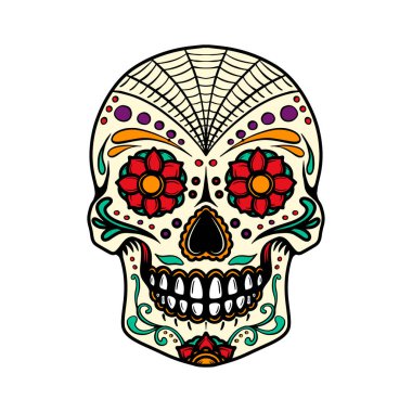 Sugar Skull beyaz arka planda izole edilmiş. Poster, kart, pankart ve tişört için tasarım elemanı. Vektör illüstrasyonu