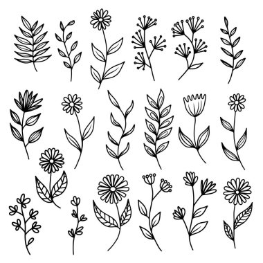 El yapımı yapraklar, dallar, çiçekler, yeşillikler. Pankart, işaret, poster ve dekorasyon için tasarım öğesi. Vektör illüstrasyonu