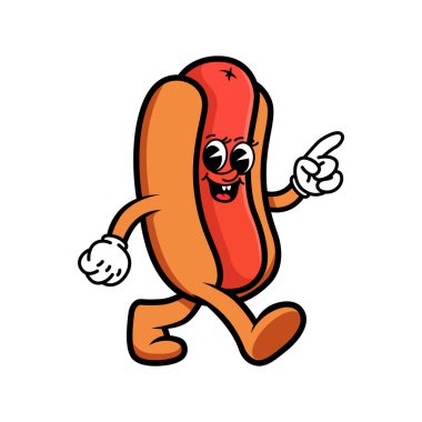 Komik bir çizgi film karakteri gülümsüyor ve yukarı bakıyor. Retro vintage maskot stili, kalın çizgiler, renkli vektör çizimleri. Fast food reklamları ve çocuk tasarımları için mükemmel..