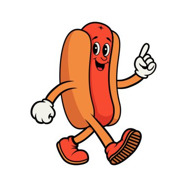 Komik bir çizgi film karakteri gülümsüyor ve yukarı bakıyor. Retro vintage maskot stili, kalın çizgiler, renkli vektör çizimleri. Fast food reklamları ve çocuk tasarımları için mükemmel..