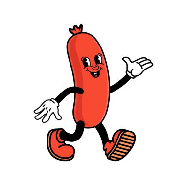 Neşeli çizgi film karakteri büyük bir gülümsemeyle yürüyor, el sallıyor..