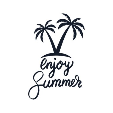 Yazın tadını çıkar. Harflerle ve avuç içleriyle dizayn edilmiş. Vektör illüstrasyonu