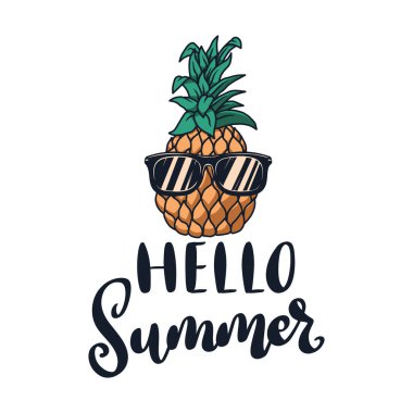 Merhaba Summer. Yaz tasarımı ananas ve güneş gözlüğü. Vektör illüstrasyonu