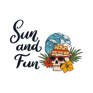 Güneş ve Eğlence. Sörfçülerle ve dalgalarla yaz tasarımı. Vektör illüstrasyonu