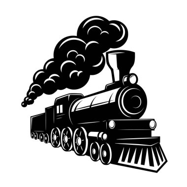 Beyaz arka planda izole edilmiş klasik trenler. Lokomotif simgesi. Etiket, marka işareti, işaret, poster için tasarım ögesi. Vektör illüstrasyonu