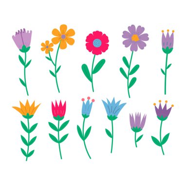 Beyaz arka planda izole edilmiş renkli çiçek elementleri. Dekorasyon için yeni elementler tasarla.