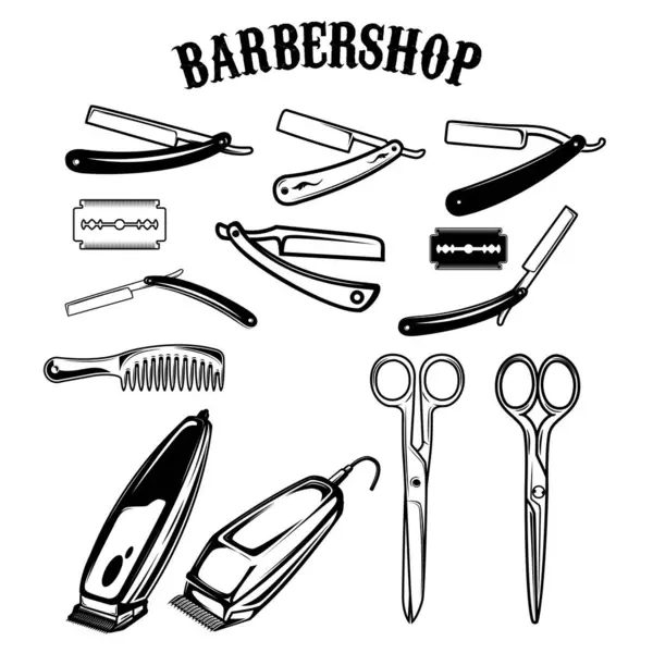 Beyaz arka planda izole edilmiş berber aletleri. Logo, amblem ve işaret için tasarım elemanları. Vektör illüstrasyonu