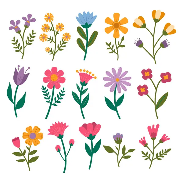 Beyaz arka planda izole edilmiş renkli çiçek elementleri. Dekorasyon için yeni elementler tasarla.