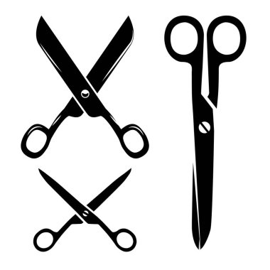 Bir makas çizimleri seti. Beyaz arkaplanda makas çizimi. Logo, amblem ve işaret için tasarım elemanları. Vektör illüstrasyonu