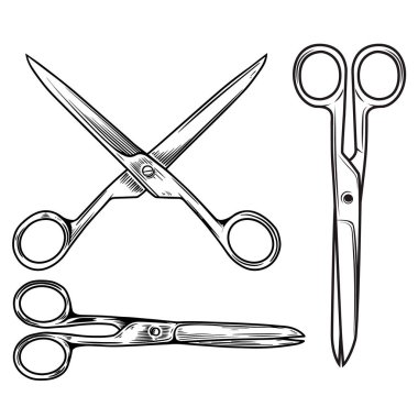 Bir makas çizimleri seti. Beyaz arkaplanda makas çizimi. Logo, amblem ve işaret için tasarım elemanları. Vektör illüstrasyonu