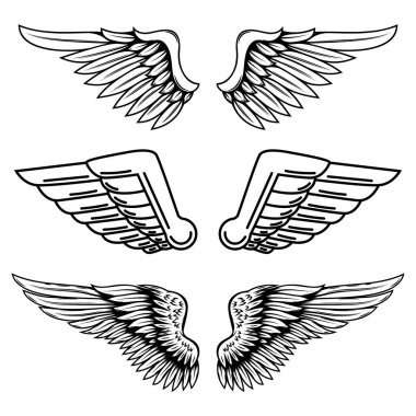 İşleme tarzında bir dizi kanat çizimi. Gotik stil kanat dövmesi. Logo, amblem ve işaret için tasarım elemanları. Vektör illüstrasyonu