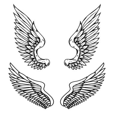 İşleme tarzında bir dizi kanat çizimi. Gotik stil kanat dövmesi. Logo, amblem ve işaret için tasarım elemanları. Vektör illüstrasyonu