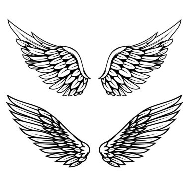 İşleme tarzında bir dizi kanat çizimi. Gotik stil kanat dövmesi. Logo, amblem ve işaret için tasarım elemanları. Vektör illüstrasyonu