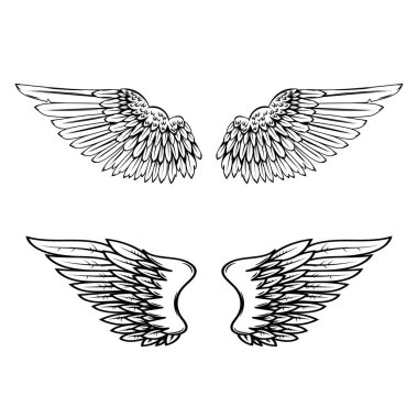 İşleme tarzında bir dizi kanat çizimi. Gotik stil kanat dövmesi. Logo, amblem ve işaret için tasarım elemanları. Vektör illüstrasyonu