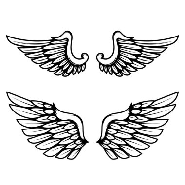 İşleme tarzında bir dizi kanat çizimi. Gotik stil kanat dövmesi. Logo, amblem ve işaret için tasarım elemanları. Vektör illüstrasyonu